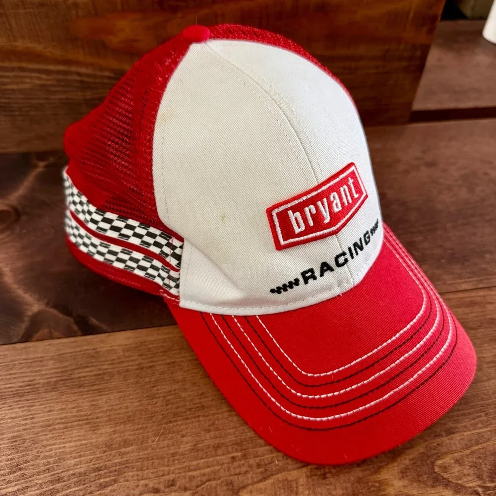 Bryant Racing Trucker Hat Red White Checkered Mesh Snapback Cap Automotive